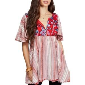 Free People Under The Sun tunic Top Red Floral Stripe V-Neck Flutter Sleeve XS
